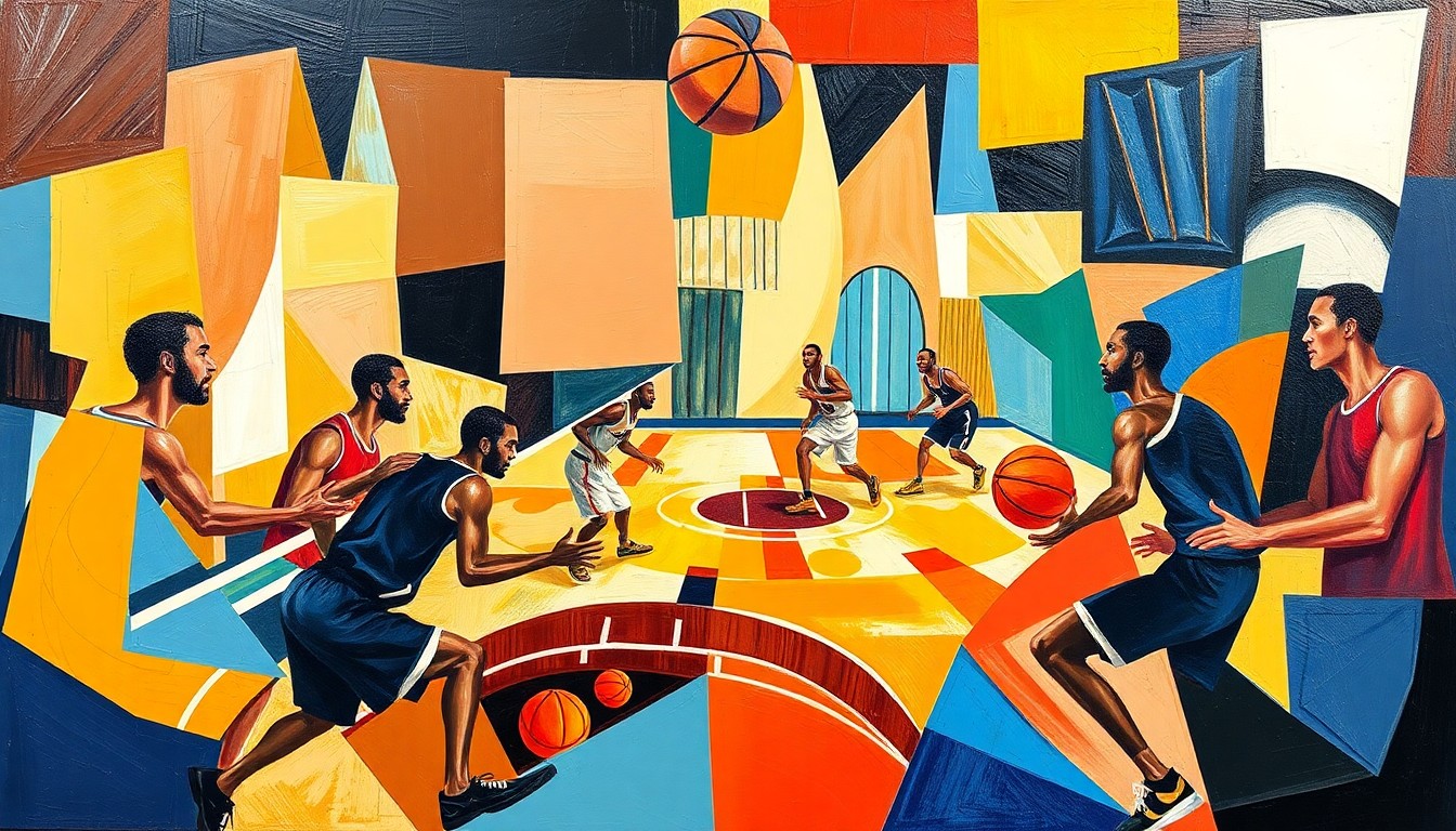 A dynamic, cubist-style painting depicting the abstracted forms of basketball players on a court, with the players and ball broken down into sharp, overlapping geometric shapes in a vibrant color palette.