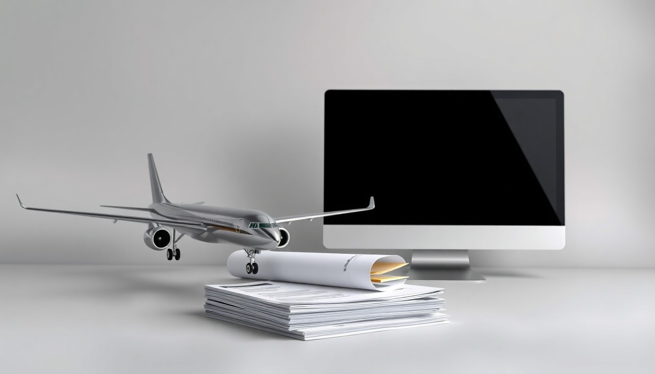 A photorealistic studio still life featuring a polished metal aircraft model, financial documents, and a computer monitor against a clean, grey background, symbolizing the capital-intensive and data-driven nature of the aircraft leasing business.