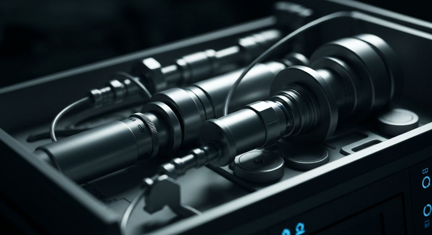 An extreme close-up photograph of intricate medical diagnostic machinery and instrumentation, dramatically lit to emphasize the complex, industrial nature of the healthcare industry's financial and technological infrastructure.