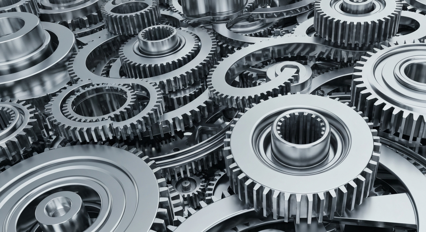 A cinematic close-up of heavy, metallic banking and financial machinery, representing the institutional power and complex infrastructure of the medical industry without using literal currency or charts.