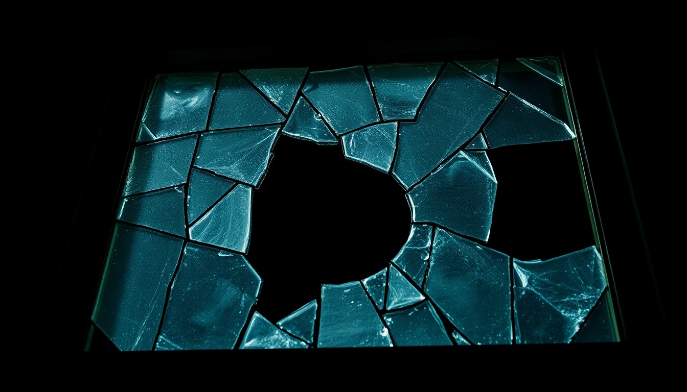 An extreme close-up photograph of shattered glass from a church window, the jagged edges and textured surface dramatically illuminated by a harsh flash against a dark background, conveying the gritty, investigative nature of this crime.