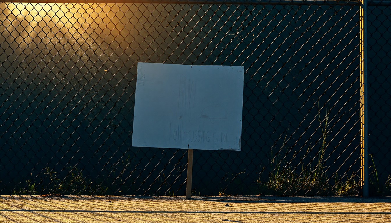 A close-up view of a worn protest sign leaning against a chain-link fence, with the sign's message obscured by shadows and light, conveying a sense of quiet determination and social justice.