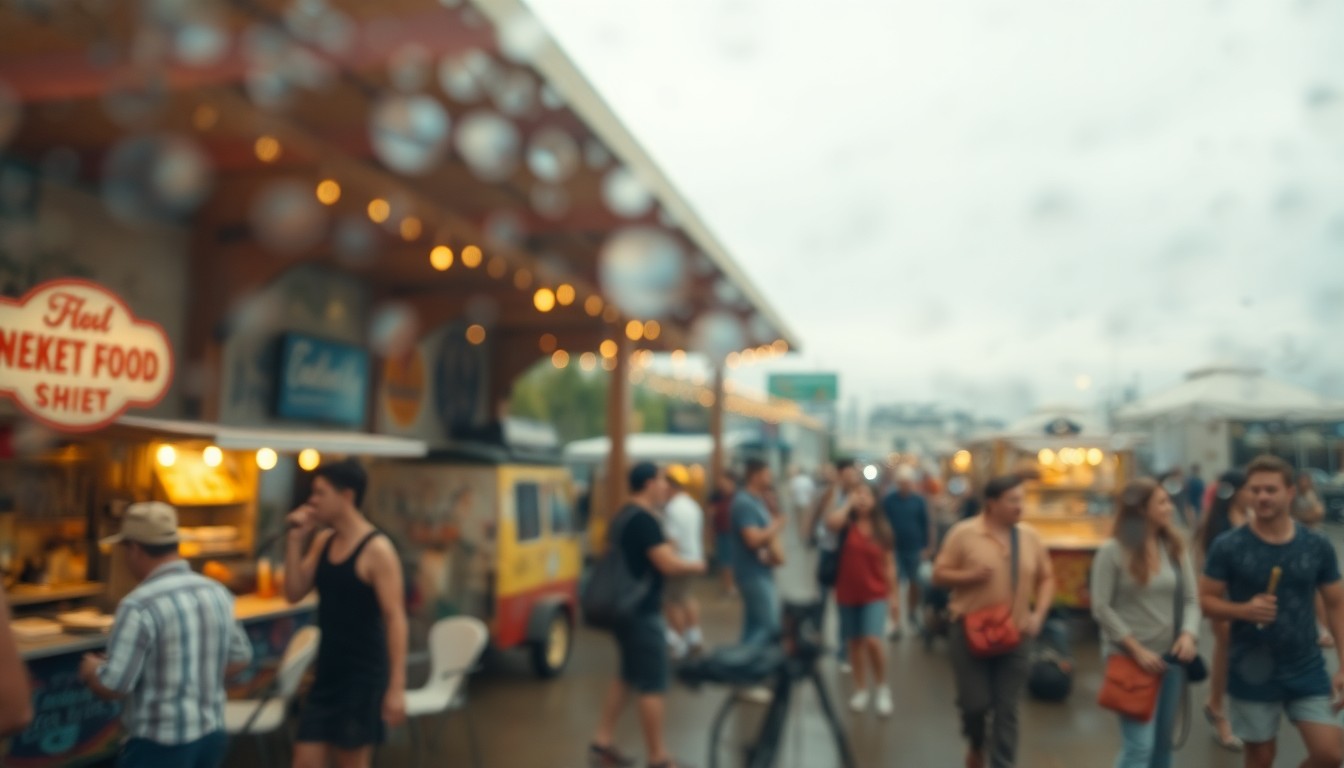An abstract, impressionistic scene of an outdoor event with blurred figures, food trucks, and live music, conveying a sense of community and environmental awareness through soft, warm colors and a dreamlike, out-of-focus aesthetic.