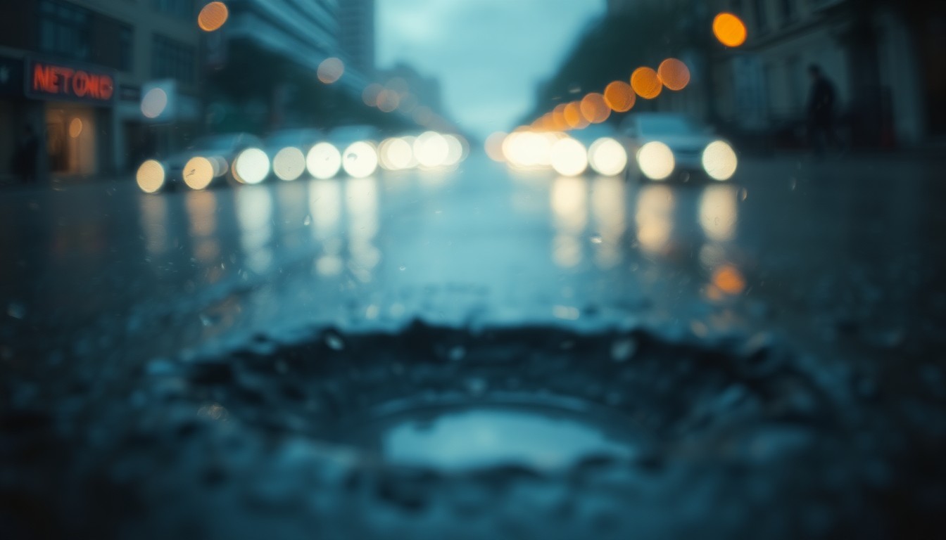 An abstract, out-of-focus photograph showing a flooded street with deep potholes and blurred headlights reflecting in the puddles, conveying the melancholy mood and deteriorating conditions described in the story.