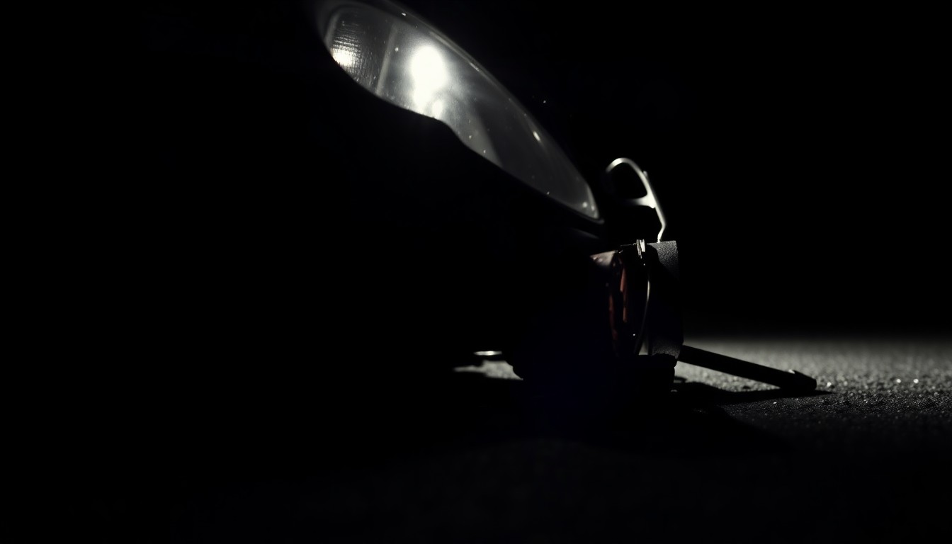 An extreme close-up photograph of a damaged car part or piece of debris from the crash site, lit by a harsh, direct camera flash against a pitch-black background, conveying a stark, gritty, investigative aesthetic.