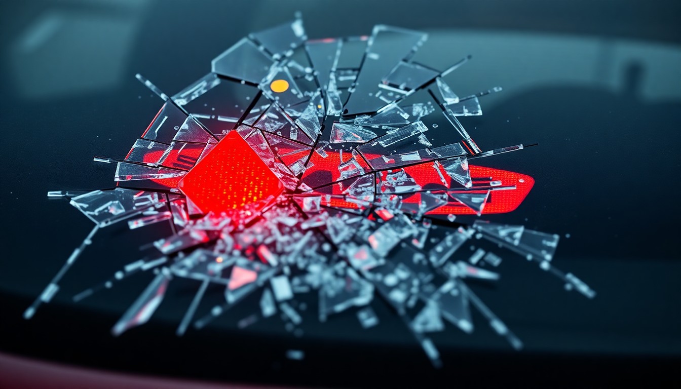 An extreme close-up photograph of a shattered car windshield reflecting a single red taillight, conceptually illustrating the aftermath of a high-speed DUI crash.