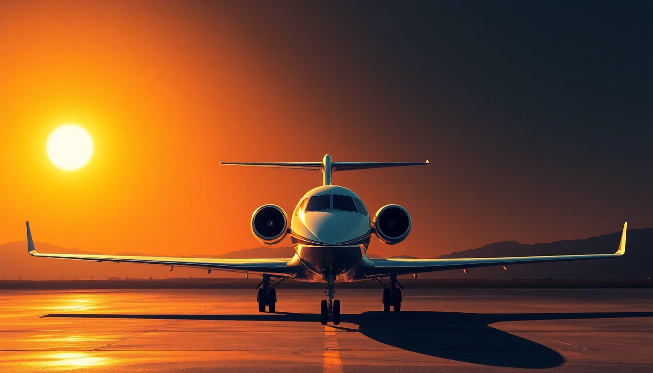 A serene, photorealistic painting of a Gulfstream G650ER private jet sitting alone on a tarmac, the plane's sleek silhouette bathed in warm, golden light and deep shadows, conveying a sense of quiet contemplation about the government's use of such luxurious aircraft for deportation purposes.