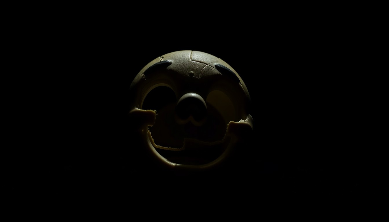 An extreme close-up photograph of a cracked and damaged child's toy, lit by a harsh, direct camera flash against a pitch-black background, conceptually representing the disturbing nature of the alleged crimes.