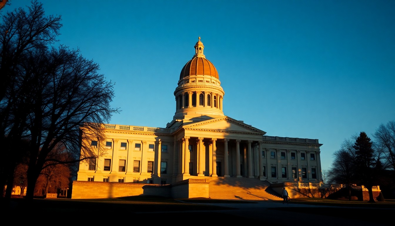 A solitary Iowa state capitol building bathed in warm, diagonal sunlight and deep shadows, capturing the quiet, contemplative mood of lawmakers working to finalize key legislation before a session deadline.