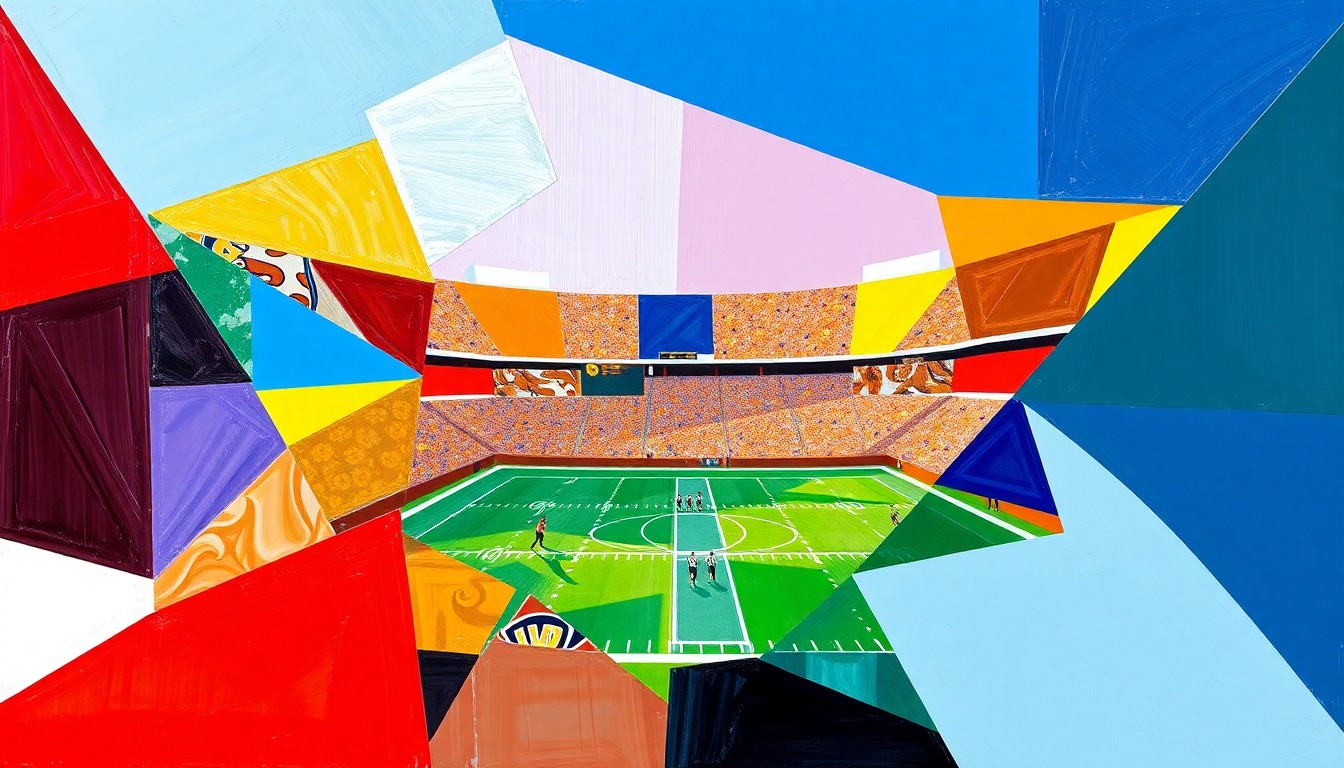 A fractured, multi-perspective painting in bold, overlapping geometric shapes and planes of color, representing the action and excitement of a UFL football game.
