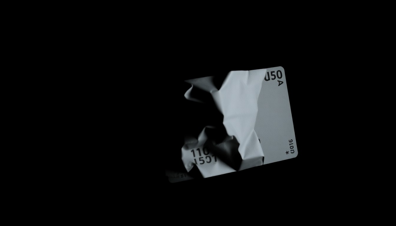 An extreme close-up photograph of a crumpled, discarded credit card against a pitch-black background, lit by a harsh, direct camera flash, conceptually representing the financial fraud at the heart of this story.