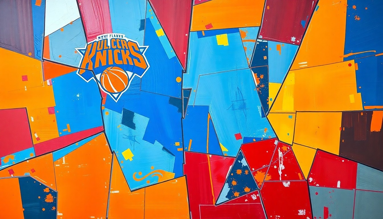 A fractured, multi-perspective painting in bold, clashing colors that deconstructs a heated NBA playoff game between the New York Knicks and Atlanta Hawks into sharp, overlapping geometric shapes and planes.