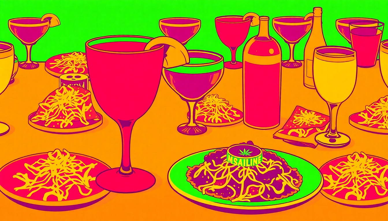 A brightly colored, high-contrast silkscreen print of a cocktail glass and plate of Mexican food, repeated in a tight grid pattern to capture the vibrant, playful atmosphere of Tesoro Latin Kitchen & Cocina.