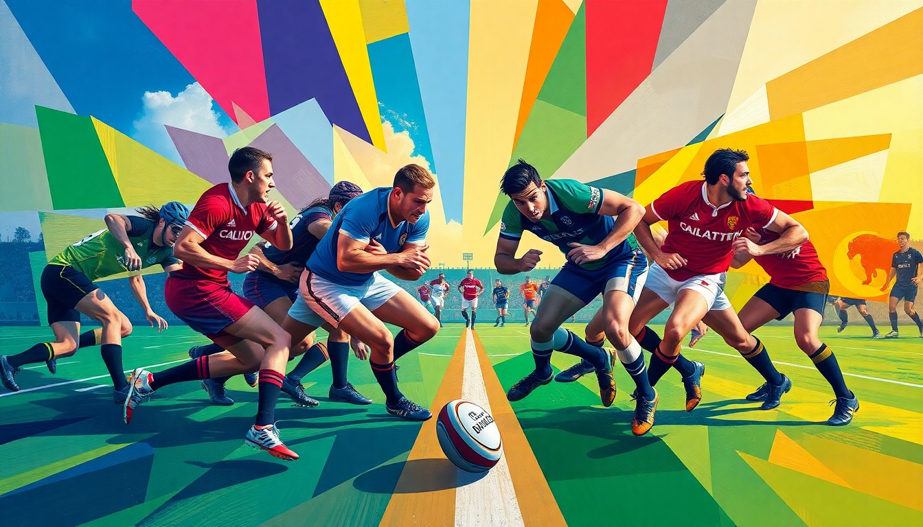 A cubist-inspired painting featuring sharp, overlapping geometric shapes in the official team colors of the California Legion and Seattle Seawolves, conveying the fast-paced action and energy of a professional rugby match.