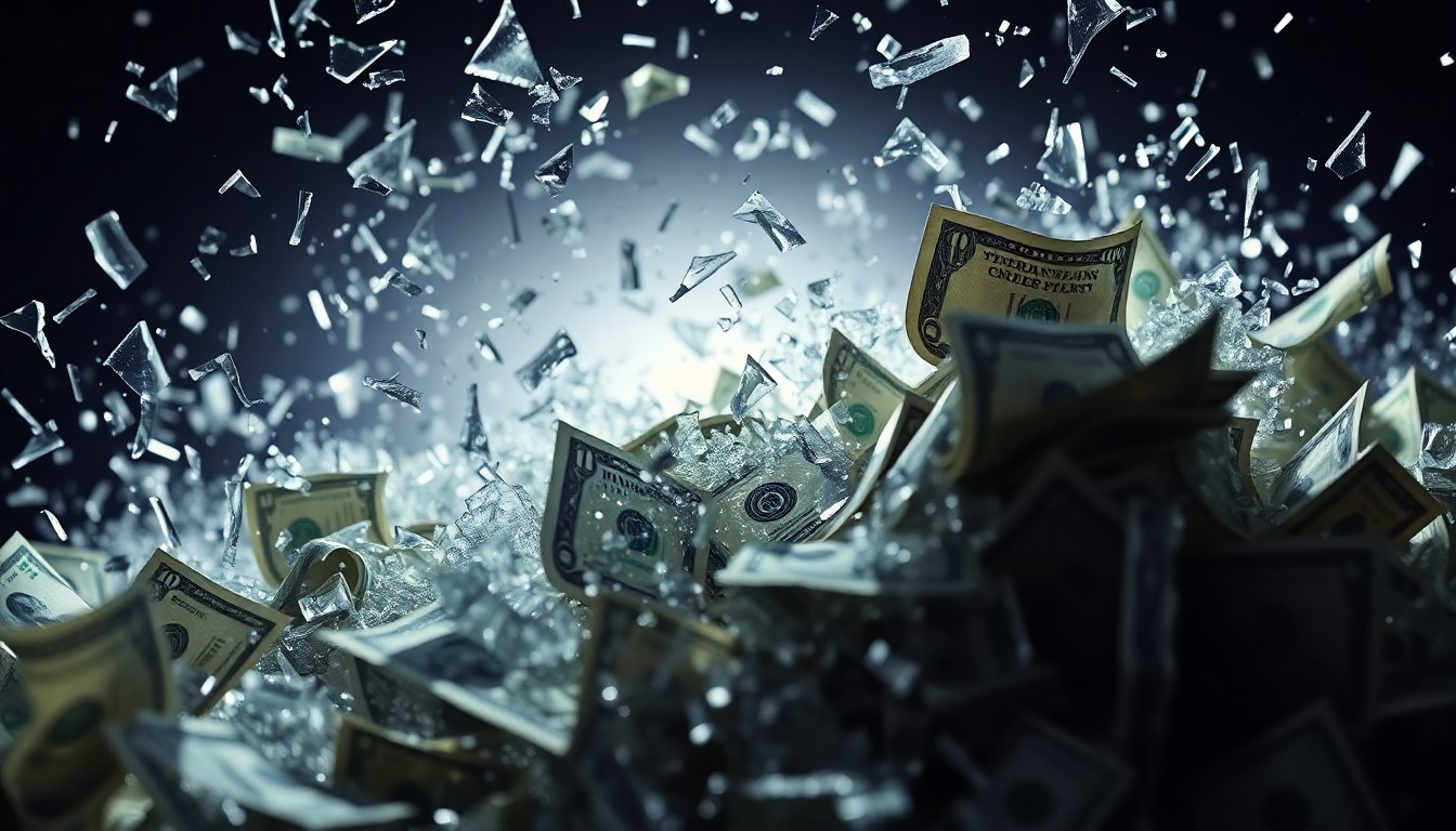 An abstract close-up image of shattered glass and crumpled dollar bills in high-contrast black, white, and metallic tones, conveying a sense of financial and personal upheaval.
