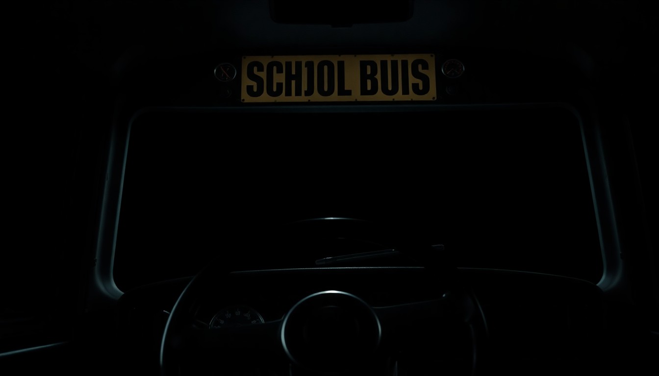 An extreme close-up photograph of a school bus steering wheel and dashboard, lit by a harsh, direct camera flash against a pitch-black background, conceptually illustrating the tense pursuit of a stolen vehicle.