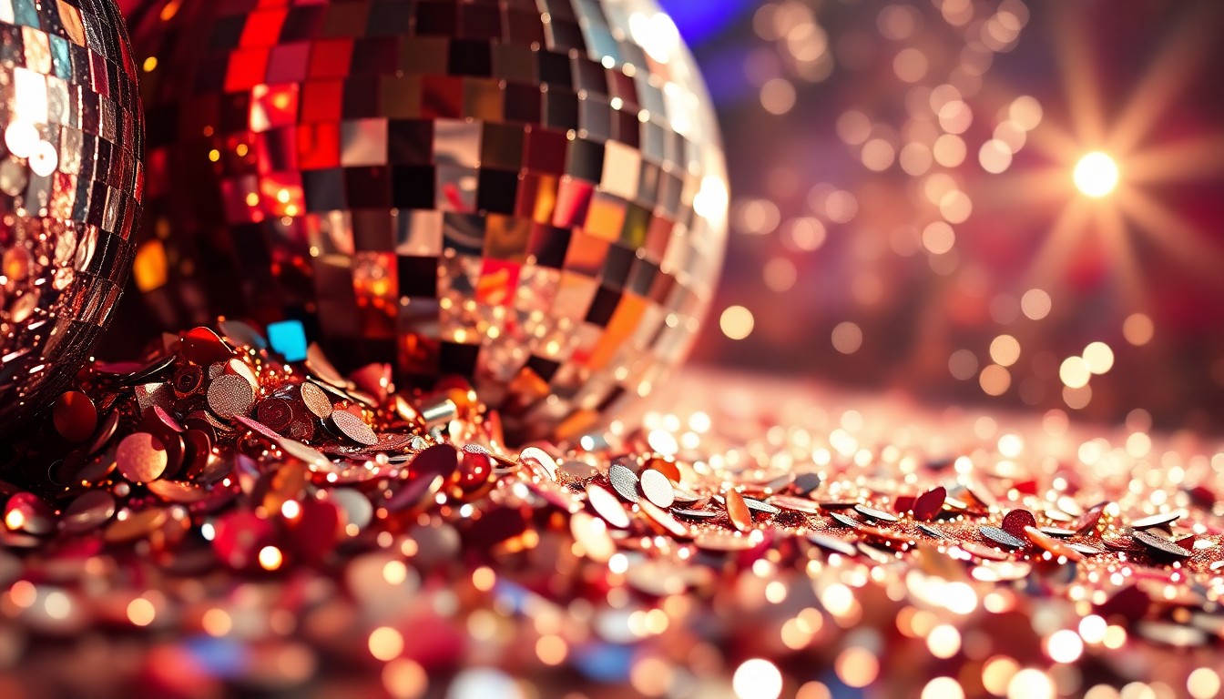 An abstract close-up photograph featuring a dazzling array of glittering sequins and shattered disco ball fragments, captured in dramatic high-contrast studio lighting to evoke a sense of celebratory energy and musical performance.