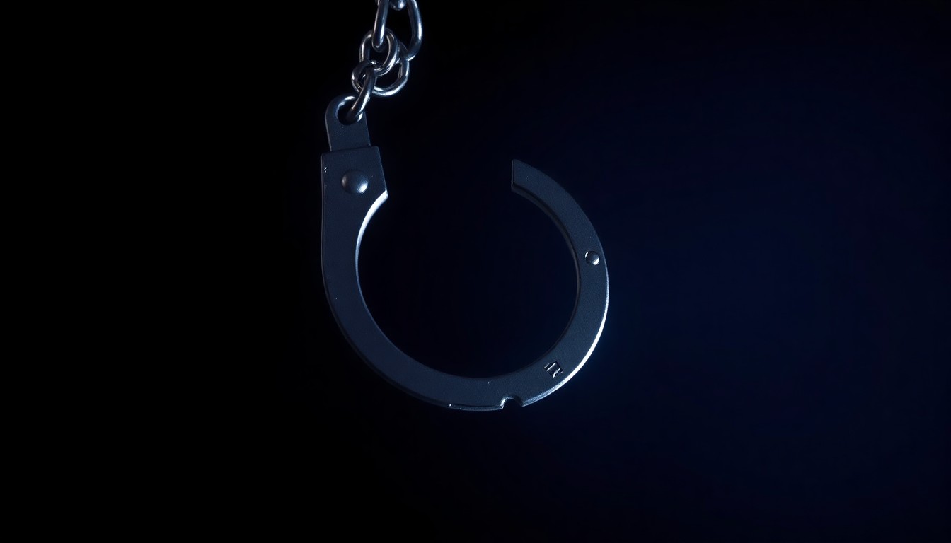 An extreme close-up of a single metal handcuff against a stark black background, conveying the serious, investigative nature of a recent arrest in a homicide case.