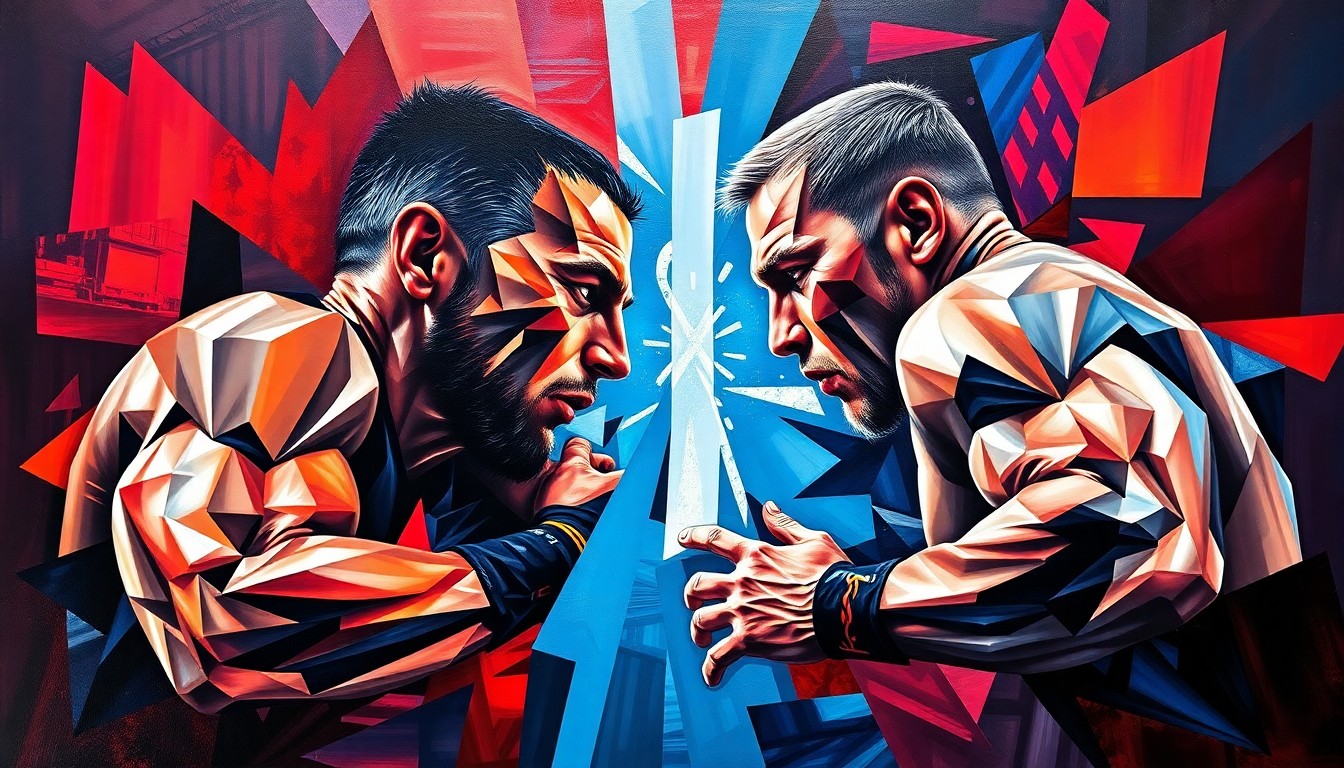 A fractured, geometric painting depicting the intense action and competing perspectives of a wrestling match, with sharp planes of color and form representing the dynamic between Randy Orton and Cody Rhodes.