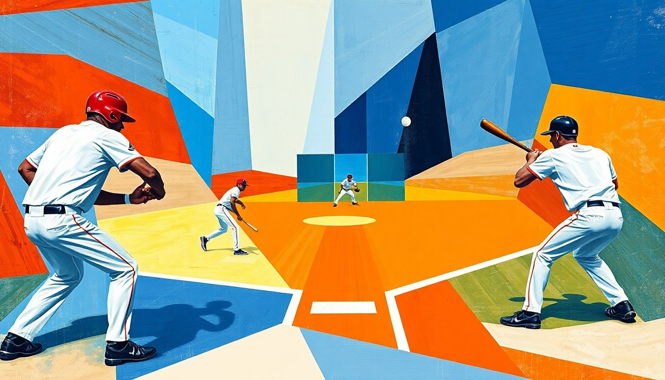 A cubist-style painting depicting a softball game in progress, with players, bats, and balls broken down into sharp, overlapping geometric shapes and planes in a vibrant color palette of orange, blue, and white, conceptually representing the competitive spirit and strategic complexity of the sport.