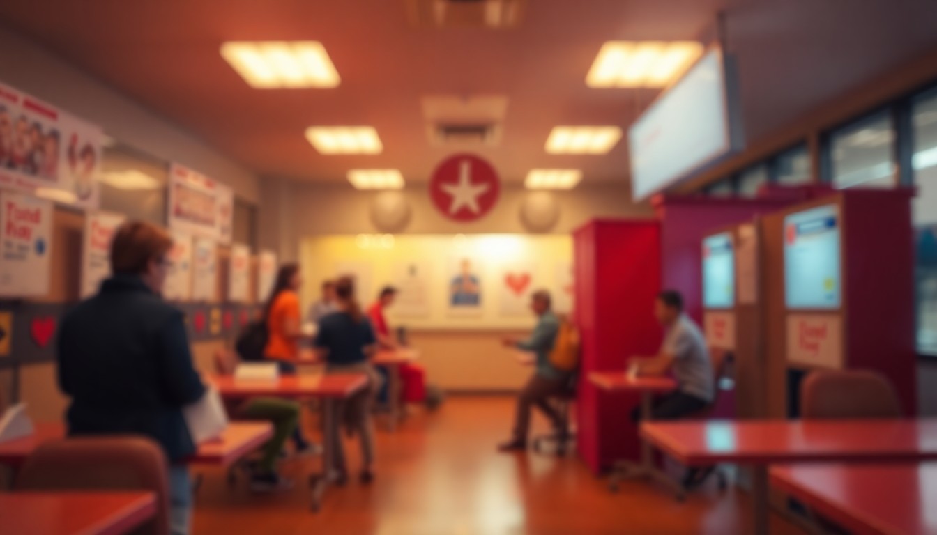 An extremely abstracted, out-of-focus photograph shot through condensation or rain-streaked glass, composed of soft pools of warm color and light that evoke the atmosphere of a community blood drive event.