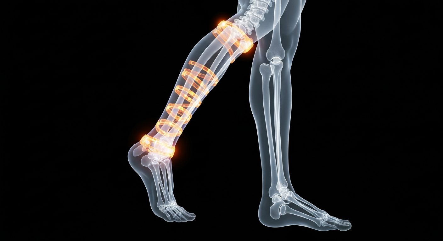 A ghostly, translucent X-ray photograph revealing the intricate skeletal and muscular structures of a human leg encased in an exoskeleton device, conveying the device's integration with the body and its potential to restore mobility.