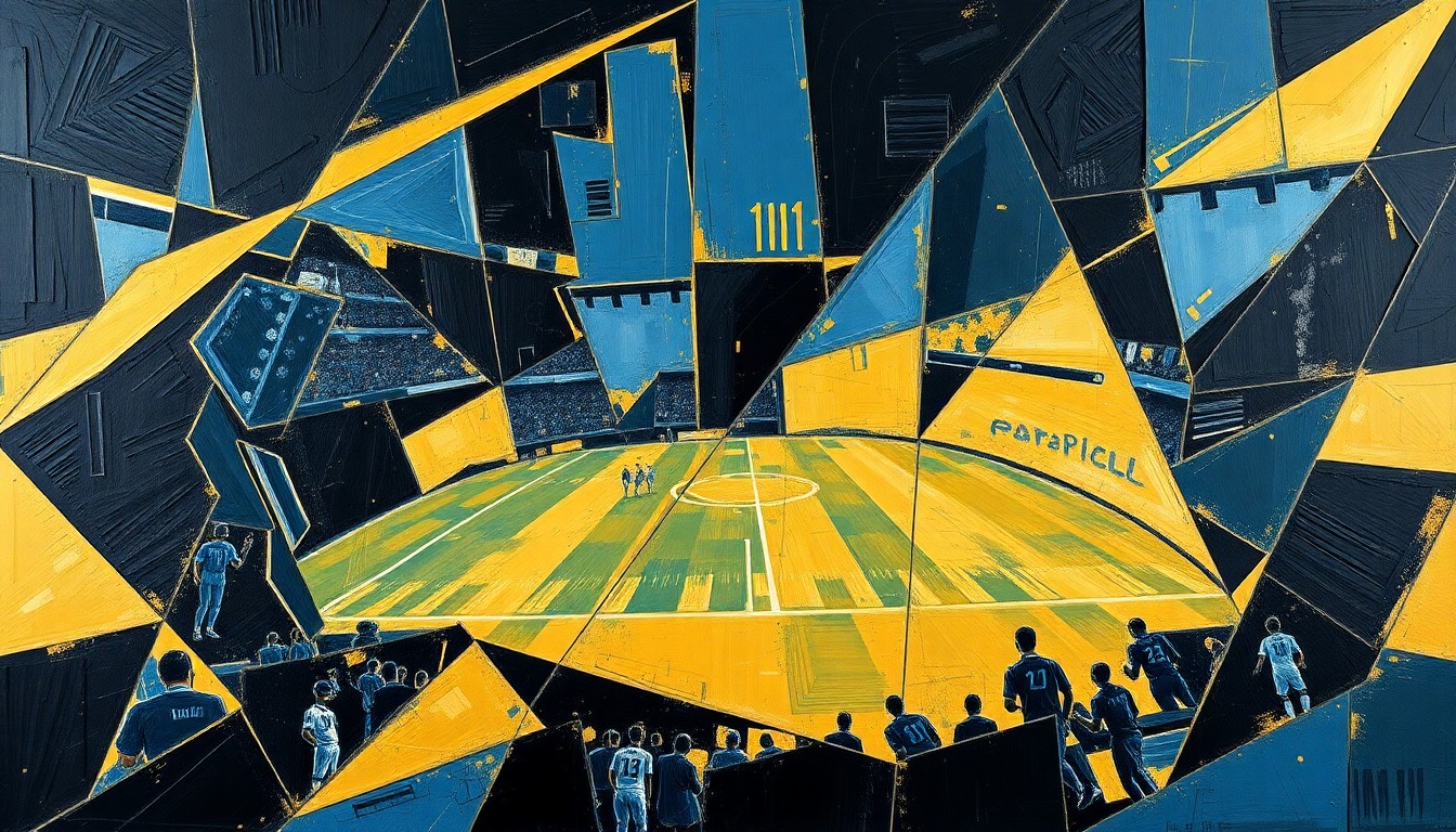 A cubist, fragmented painting depicting a football game or match, with sharp, overlapping geometric shapes in black, gold, and steel blue, conveying a sense of strategic change and a new direction for the Steelers.