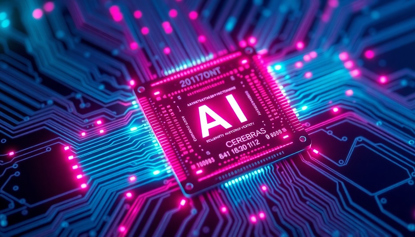 A highly detailed 3D illustration of a glowing, futuristic computer chip with intricate circuitry and neon cyan and magenta lights, conceptually representing the advanced hardware powering Cerebras's AI technologies.