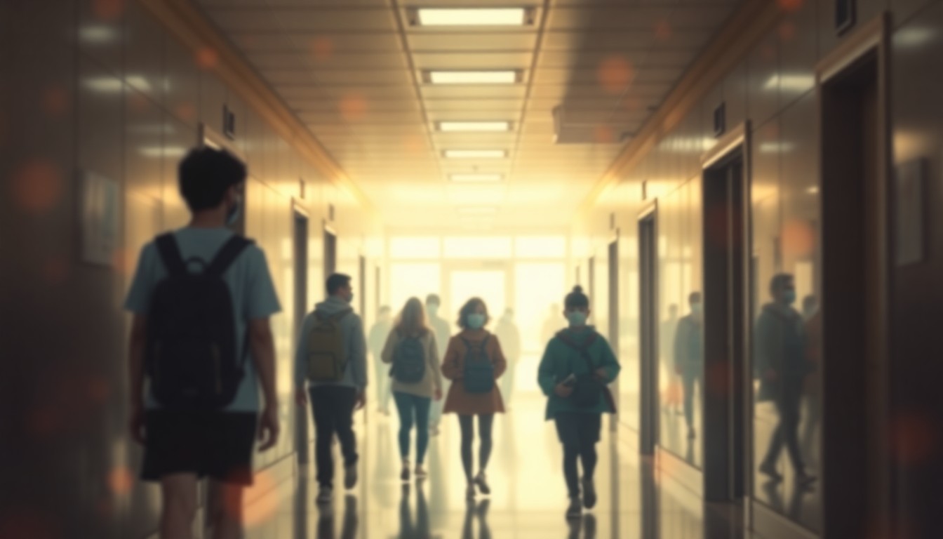 An abstracted, blurred scene of students walking through a school hallway, with soft, warm pools of light and color creating a dreamlike, atmospheric quality that evokes the idea of a new era of community-focused leadership for the school district.