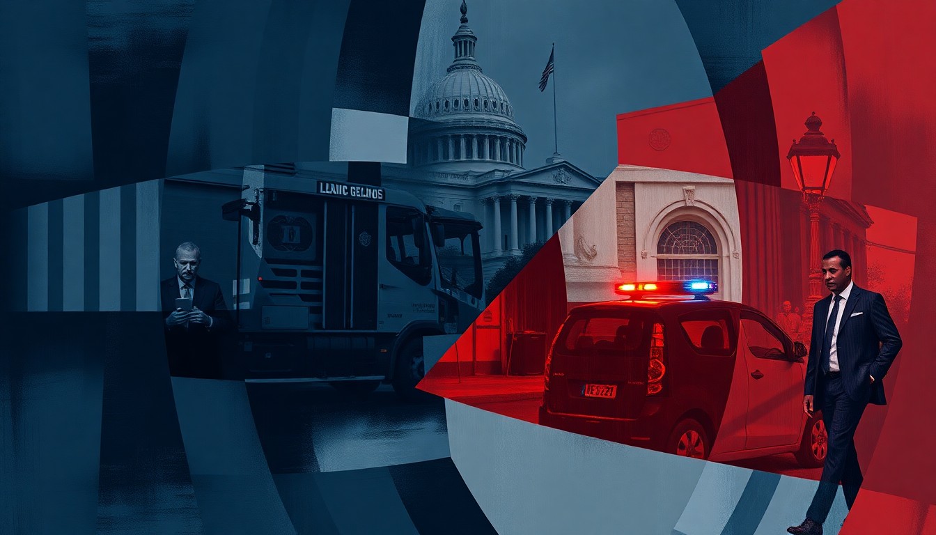 A highly abstract, fragmented painting depicting blurred, overlapping shapes and forms in shades of navy, gray, and red, conceptually representing the chaotic state of leadership at the FBI.