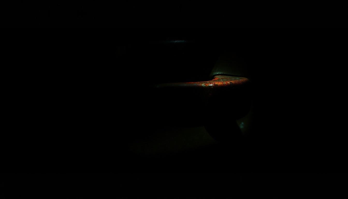 An extreme close-up photograph of a rusted car door handle, lit by a harsh, direct camera flash against a pitch-black background, creating a stark, gritty, investigative aesthetic.