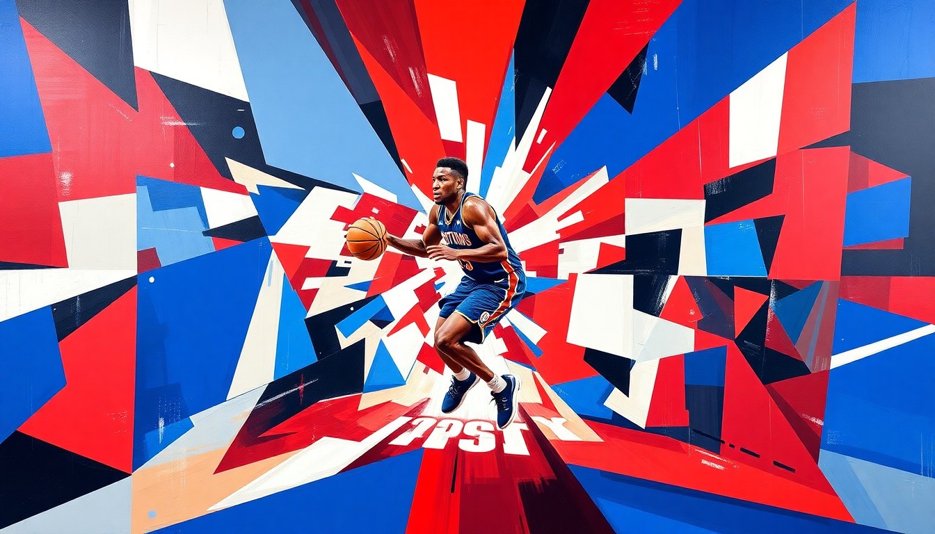 A fractured, geometric painting depicting the energy and movement of a basketball player in action, with sharp planes of blue, red, and white representing the Detroit Pistons' colors.