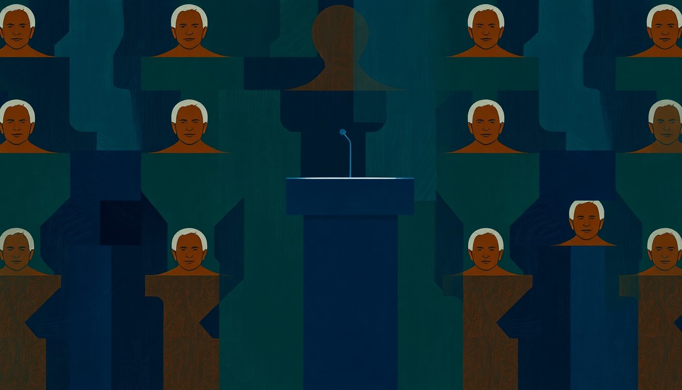 A dynamic, abstract painting of a political podium or lectern, with the form repeated and fractured into overlapping geometric shapes in shades of blue, green, and orange, conveying a sense of motion and tension.