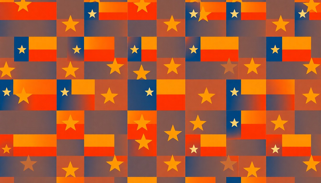 A vibrant, pop art-inspired grid of stylized Texas state flag icons in bold primary colors, conceptually representing the civic pride and community spirit of Huntsville, Texas.