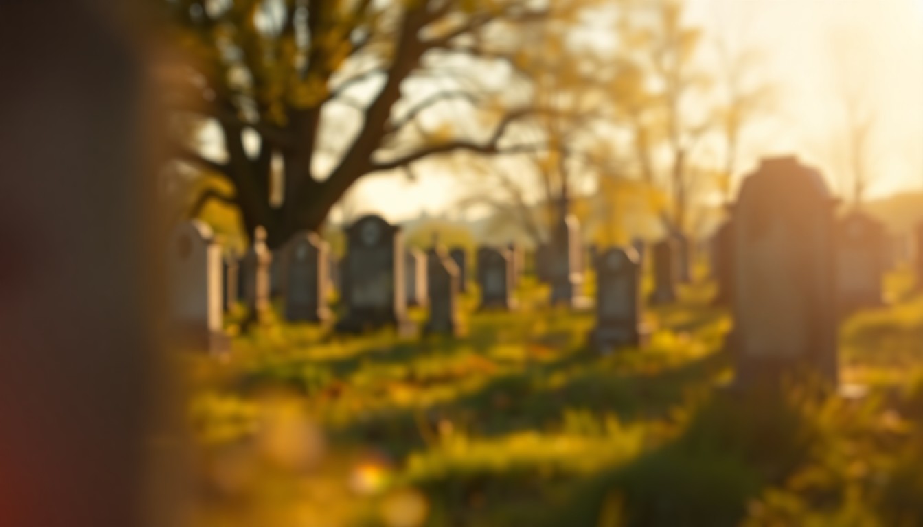 An abstract, impressionistic scene of a rural cemetery on a sunny day, with blurred headstones and trees in the background and warm, glowing pools of light and color in the foreground, creating a contemplative and melancholy mood.