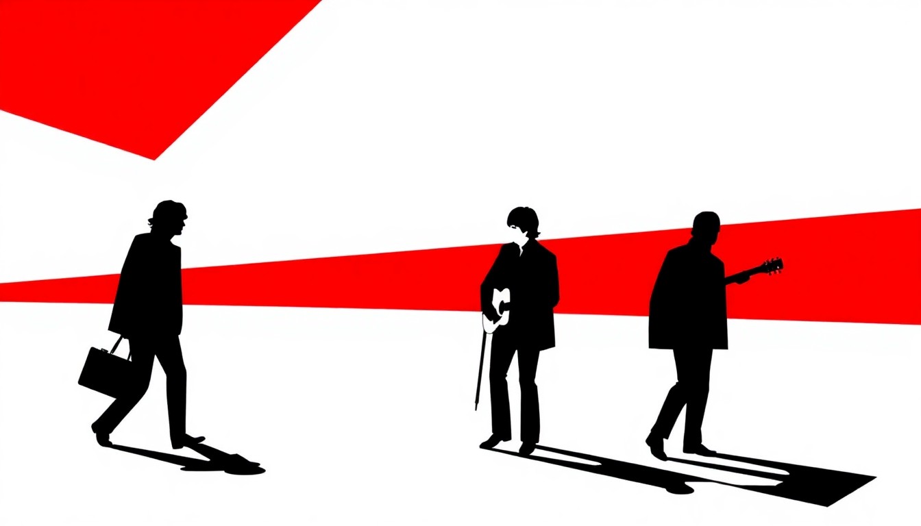 An abstract, minimalist illustration featuring stark black silhouettes of musical instruments and geometric shapes in bold red and white, conceptually representing the significance of George Harrison's 1963 visit to Benton, Illinois before the Beatles became a global phenomenon.