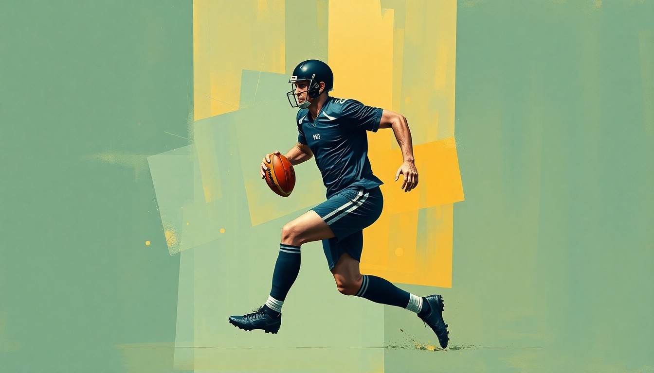 A fragmented, cubist-style illustration depicting a football player in mid-motion, broken down into sharp, overlapping geometric shapes in muted tones of teal, gold, and black, conceptually representing the complex roster decisions facing the Jacksonville Jaguars.