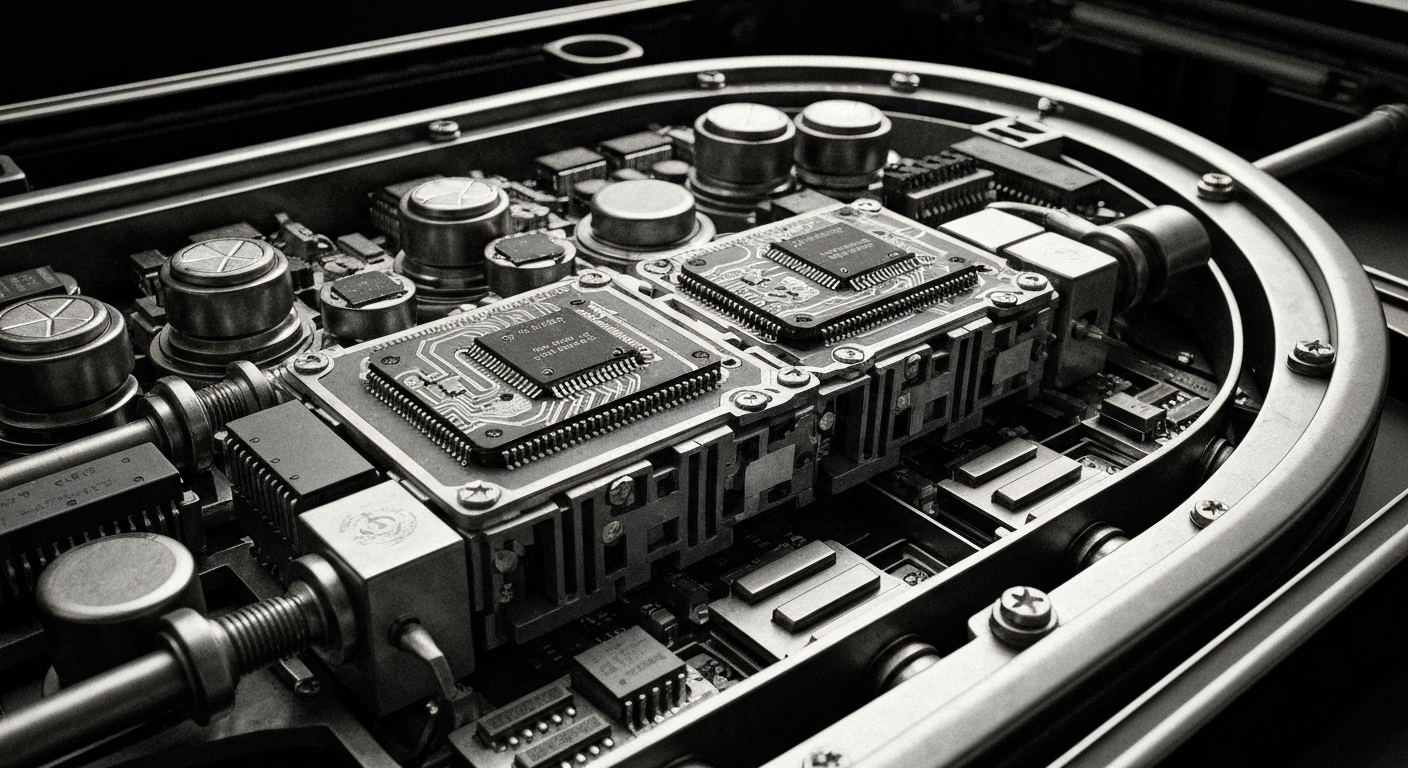 An extreme close-up of the intricate, metallic components and circuitry of a high-tech medical device, conveying the advanced engineering behind HeartSciences' cardiac monitoring solutions.