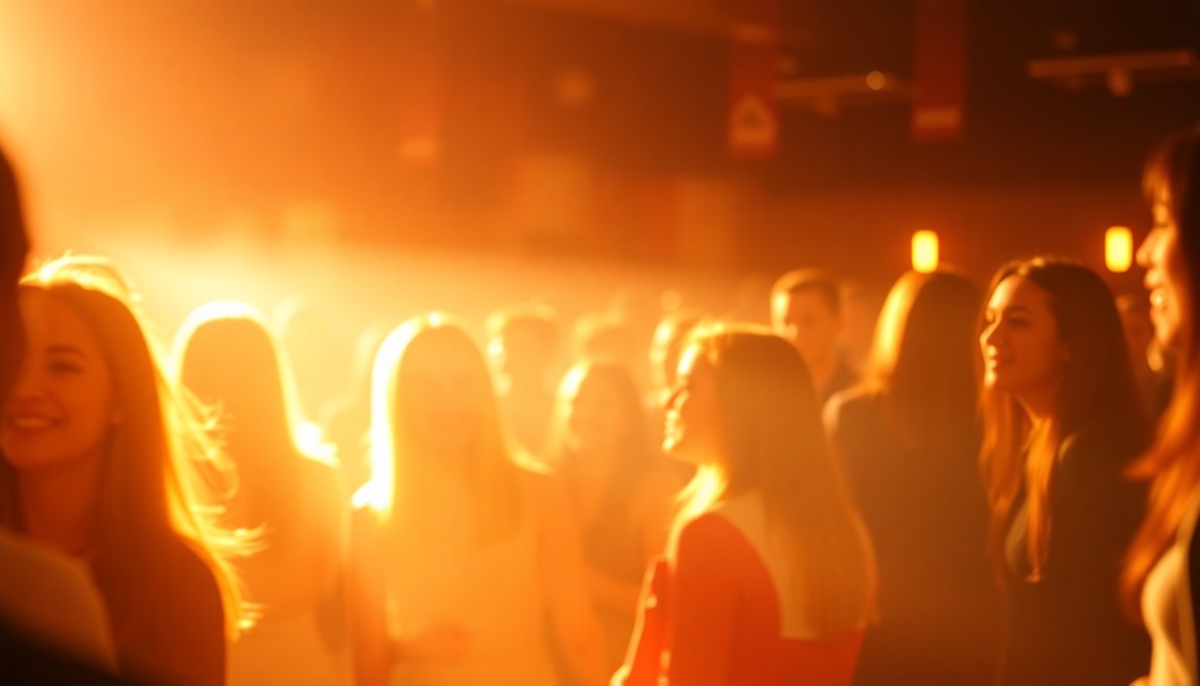 An abstract, out-of-focus photograph featuring blurred figures of students interacting and celebrating, with warm pools of light and color creating a dreamlike, atmospheric quality that conceptually represents the positive energy and community spirit of the Chancellor's Student Service and Leadership Awards ceremony.
