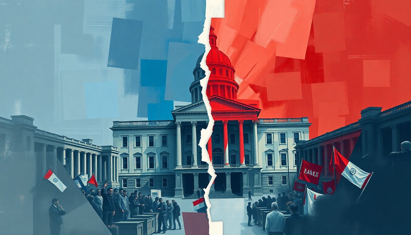 A dynamic, abstract painting featuring overlapping, fractured shapes and waves of blue, grey, and red, conveying a sense of political tension and disarray.