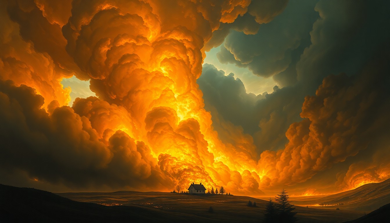 A dramatic landscape painting in muted tones, with a small home engulfed in flames in the distance, the fire's smoke and flames rising up into a turbulent, stormy sky, conveying the overwhelming scale and power of the natural disaster.