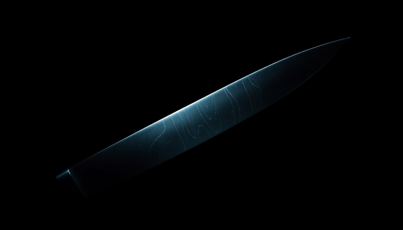 An extreme close-up of a knife blade against a pitch-black background, lit by a harsh, direct camera flash, creating a stark, gritty, investigative aesthetic.