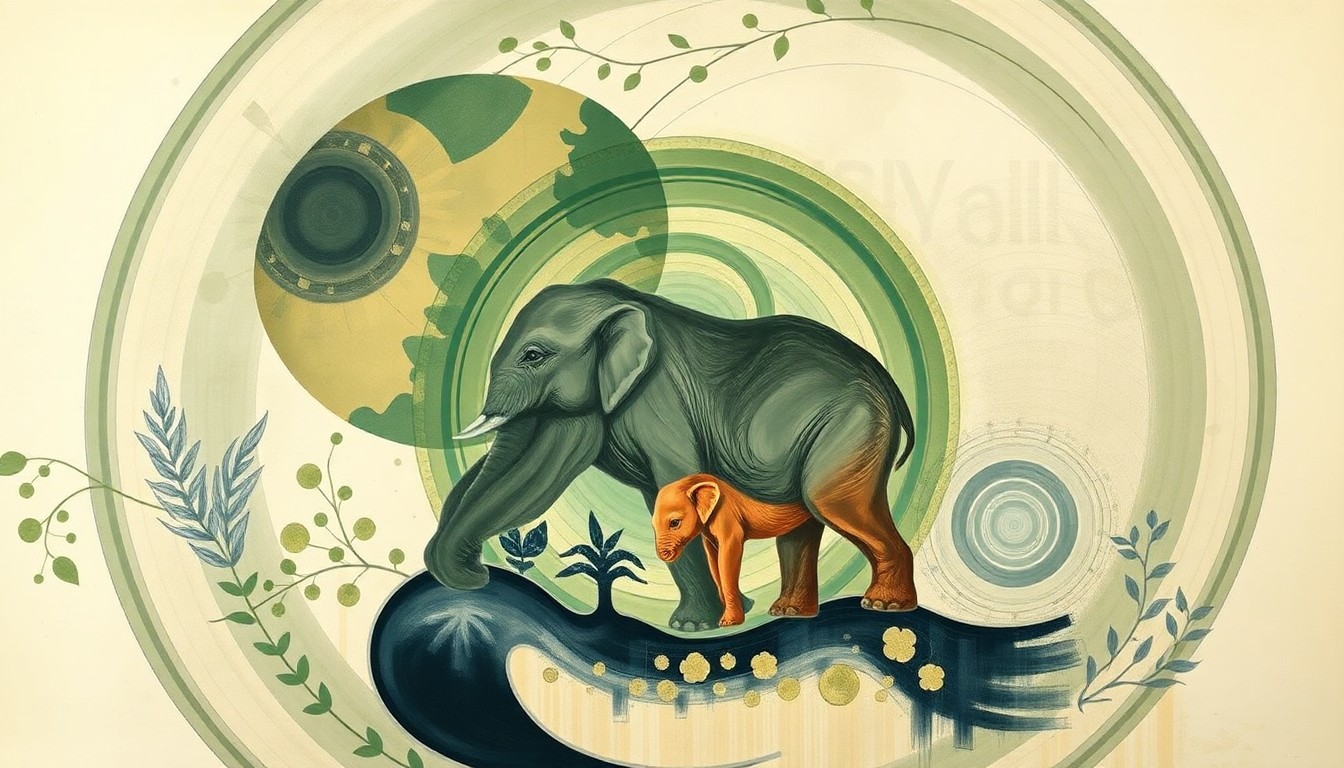 A highly textured, abstract painting in earthy tones of green, brown, and blue, featuring sweeping geometric shapes and precise botanical spirals, conceptually representing the complex biological and ecological forces involved in the birth and care of an endangered elephant.
