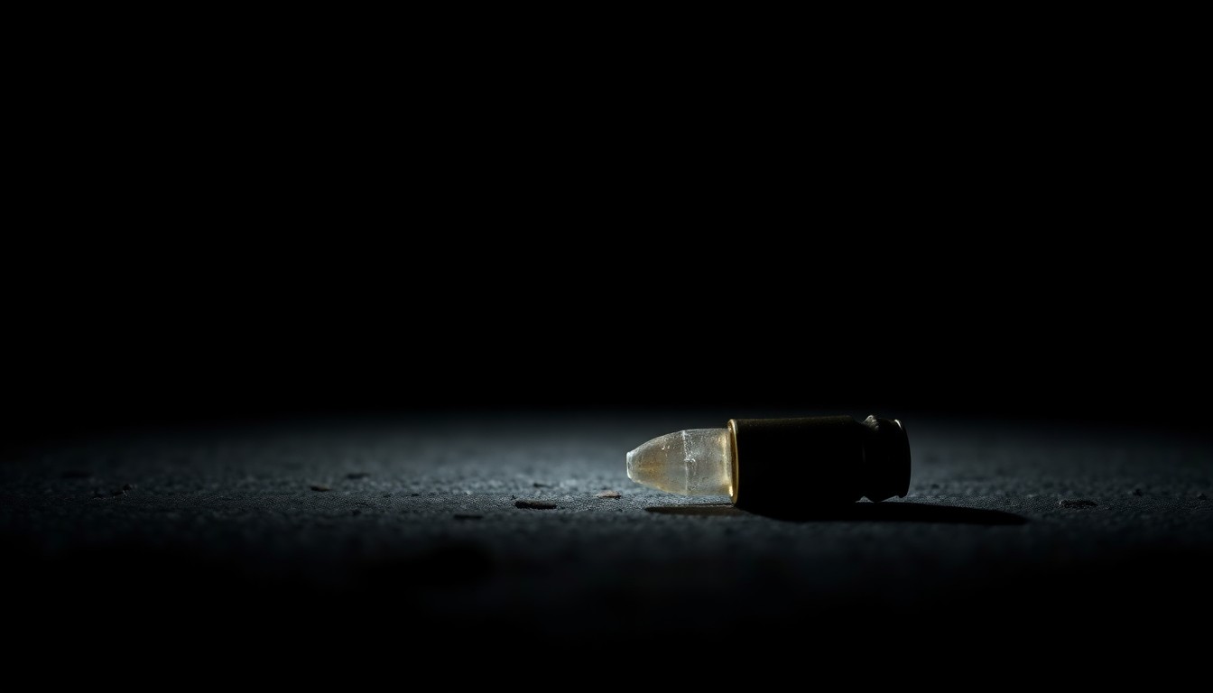 An extreme close-up photograph of a single spent bullet casing lying on the ground, lit by a harsh, direct camera flash against a pitch-black background, conceptually representing the violent crime at the center of this story.