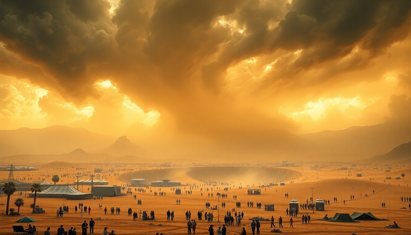 A vast, atmospheric landscape painting depicting a massive dust storm sweeping over the Coachella festival grounds, with the natural elements dwarfing any physical structures or people caught in the storm.