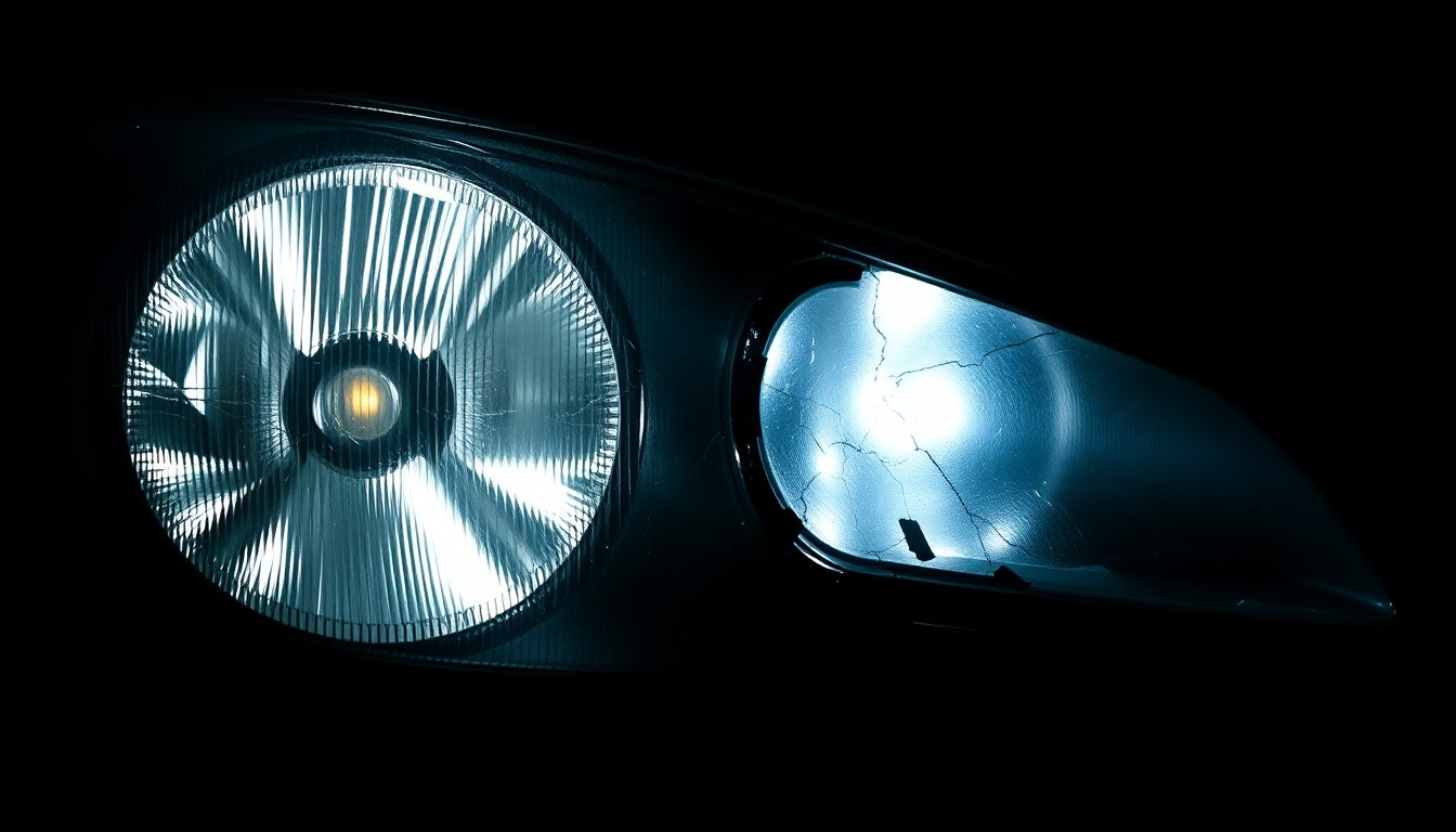 An extreme close-up photograph of a damaged car part, such as a broken side mirror or cracked headlight lens, lit by a harsh, direct camera flash against a pitch-black background, conceptually representing the aftermath of a vehicular collision.