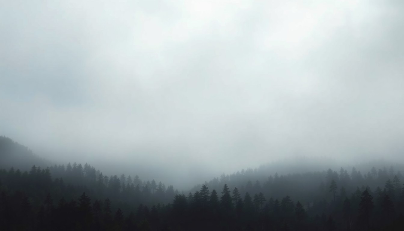 A sweeping, atmospheric landscape painting in muted earth tones, with only the faint silhouettes of trees visible through a thick, ominous fog, conveying the overwhelming power and fragility of nature.