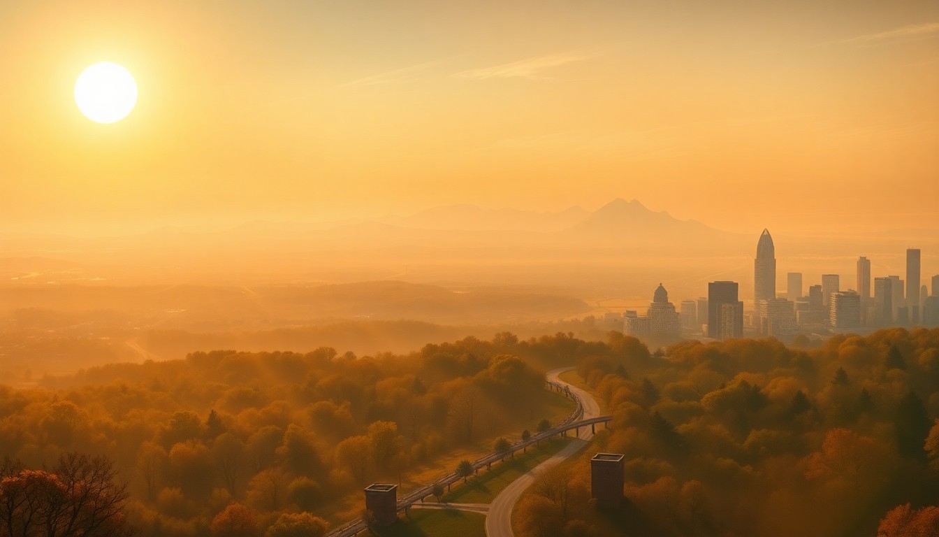 A vast, hazy landscape painting depicting the Atlanta skyline and Beltline trail, with the city's buildings and structures dwarfed by the intense, atmospheric heat of an early heat wave.