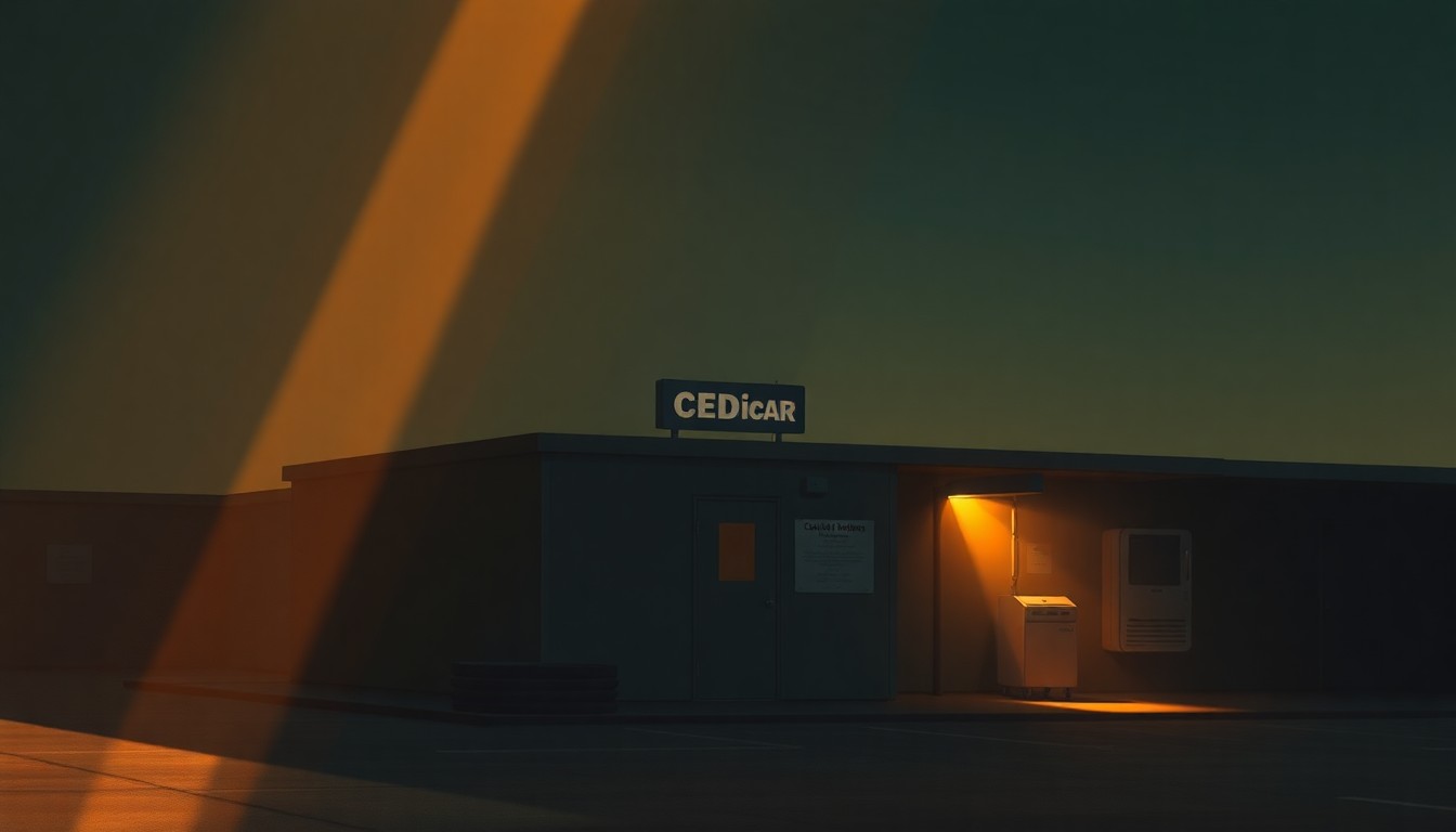A serene, cinematic painting depicting the exterior of a CDC building or medical equipment, with warm sunlight casting long shadows across the scene, conveying a sense of quiet contemplation and resilience in the face of recent challenges.