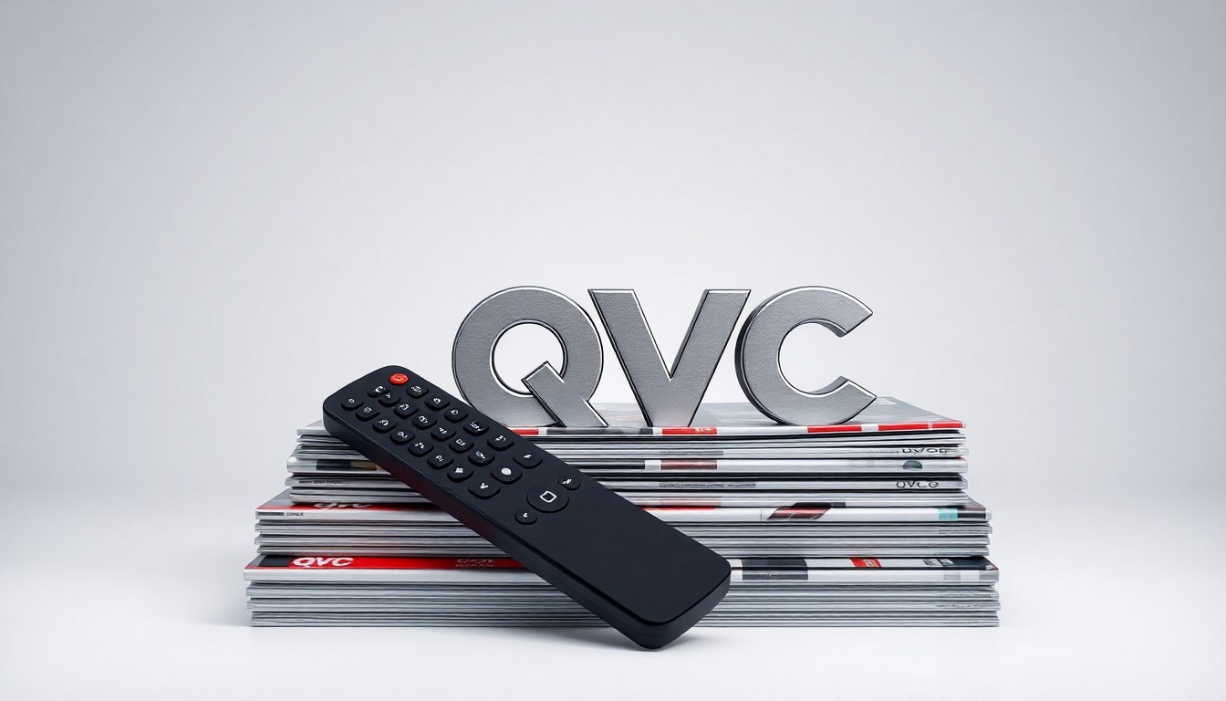 A high-end, photorealistic studio still-life photograph featuring a neatly arranged set of premium retail display items such as a sleek TV remote, a polished metal QVC logo, and a stack of glossy product catalogs, all set against a clean, monochromatic background and dramatically lit to symbolize the corporate strategy and financial restructuring of the QVC Group.